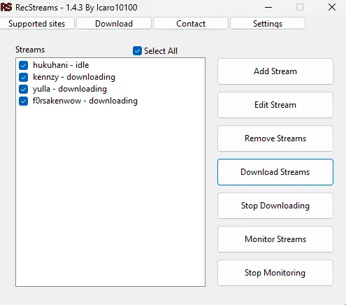 Screenshot of the RecStreams program interface